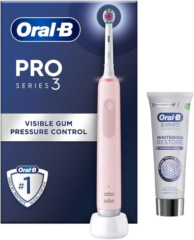 Oral-B Pro 3 Electric Toothbrushes For Adults With Smart Pressure Sensor, Mothers Day Gifts, 1 Toothbrush Head, 1 3D White Whitening Restore Toothpaste, 75 ml, 2 Pin UK Plug, Pink, packaging may vary