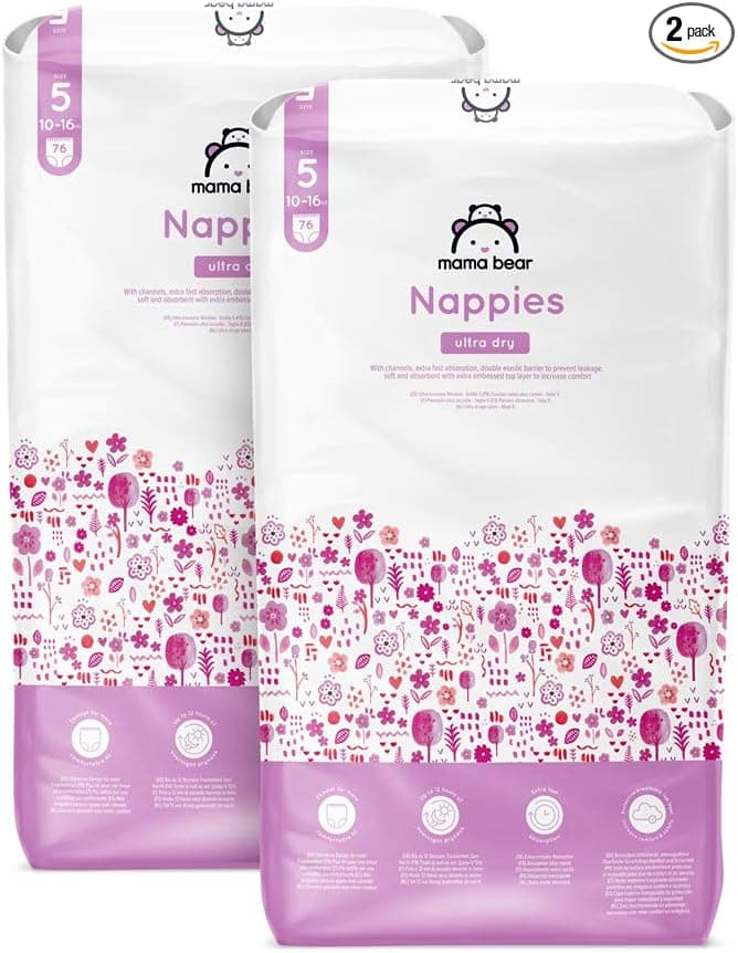 Amazon Brand - Mama Bear Ultra Dry Nappies, Size 5 (10-16 kg), 152 Count (2 Packs of 76), White, Monthly Pack