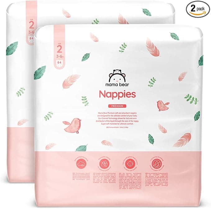 Amazon Brand - Mama Bear Premium Nappies, Size 2 (3-6 kg), 168 Count (2 Packs of 84), White
