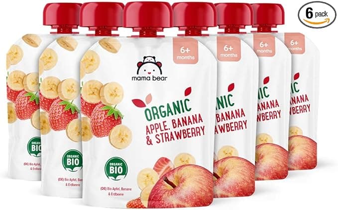 Amazon Brand - Mama Bear Fruit Pouch, Organic Apple, Banana and Strawberry Purée, vegetarian, 90 g (Pack of 6)