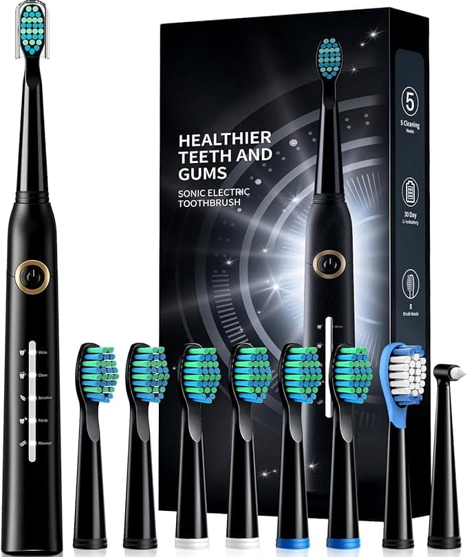 Electric Toothbrush, Sonic Toothbrushes with 8 Brush Heads 40000 VPM 5 Modes, Sonic Toothbrushes Fast Charge 4 Hours Last 30 Days, Rechargeable Electric Toothbrush for Adult (Black)