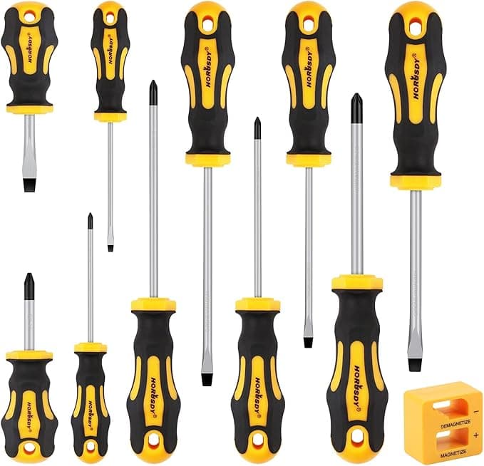 10Pcs Screwdriver Set, Heavy Duty Chrome Vanadium Steel Made, Magnetic Screwdriver with 5 Flat & 5 Cross Head with Magnetize & Demagnetize, Durable Hand Tools in Box