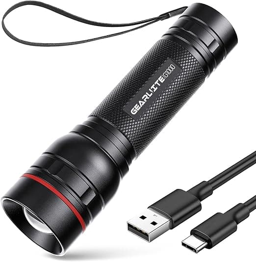 GEARLITE Rechargeable LED Torch, 2000LM Torches LED Super Bright with 3 Modes, Portable Small Torch with Battery, Waterproof Flashlight Zoomable for Power Cut, Emergency, Camping, Hiking, Outdoor