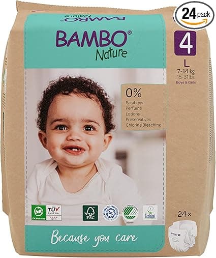 Bambo Nature Premium Eco Nappies, Eco-Labelled Sustainable Nappies, Enhanced Leakage Protection, Secure & Comfortable Baby Nappies, Secure & Comfortable - Size 4 Nappies (15-31lb/7-14 kg), Maxi, 24PK