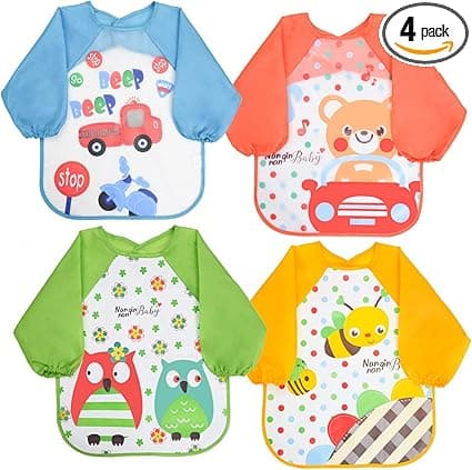 Vicloon Bibs with Sleeves, 4 Pcs EVA Unisex Feeding Baby Bibs Waterproof Long Sleeve Bib Apron Lovely Cute Cartoon Bibs for Infant Toddler 6 Months to 3 Years Old