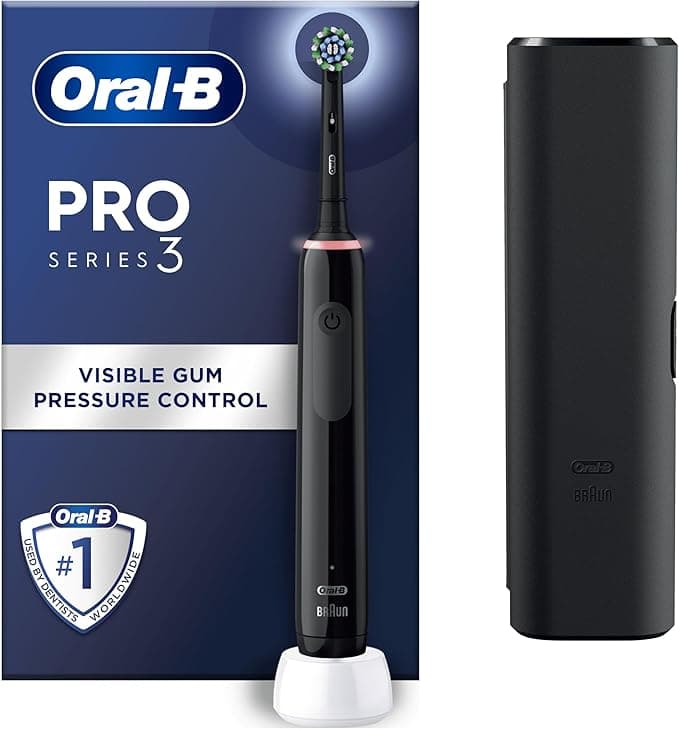Oral-B Pro 3 Electric Toothbrush For Adults, 1 Cross Action Toothbrush Head & Travel Case, 3 Modes with Teeth Whitening, 2 Pin UK Plug, 3500, Black