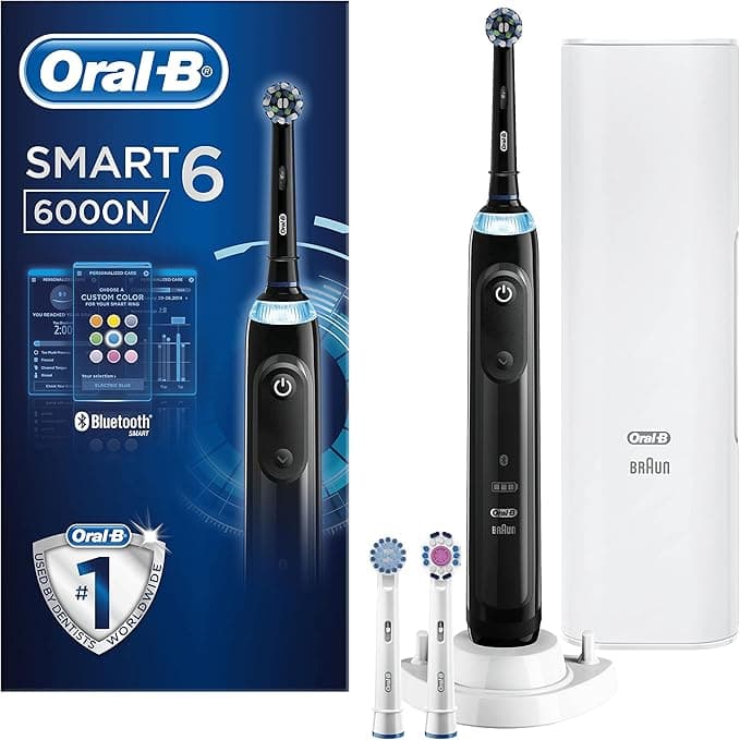 Oral-B Smart 6 Electric Toothbrush For Adults, App Connected Handle, 3 Toothbrush Heads & Travel Case, 5 Modes, Teeth Whitening, 2 Pin UK Plug, 6000N