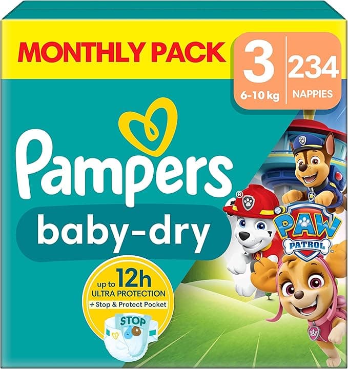 Pampers Baby-Dry Paw Patrol Edition Size 3, 234 Nappies, 6kg - 10kg, Monthly Pack, with A Stop & Protect Pocket to Help Prevent Leaks at The Back